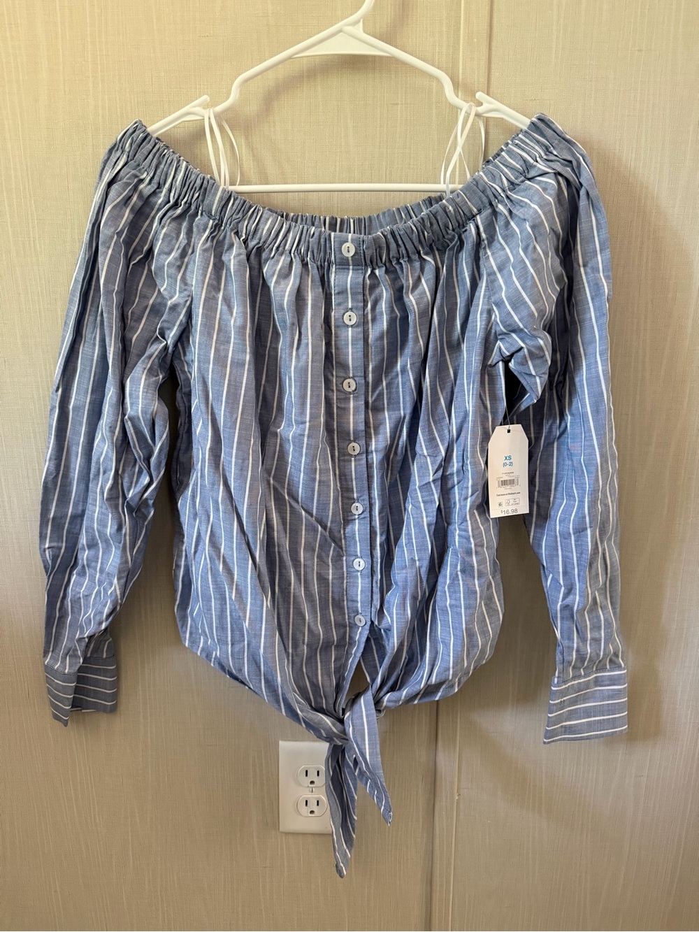 Time and Tru Blue and White Striped Off-Shoulder Tie-Front Blouse